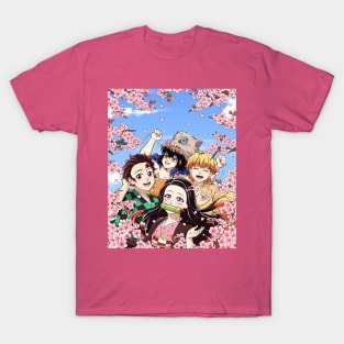 Nezuko, Tanjiro, Zenitsu and Inosuke under cherry blossom trees T-Shirt